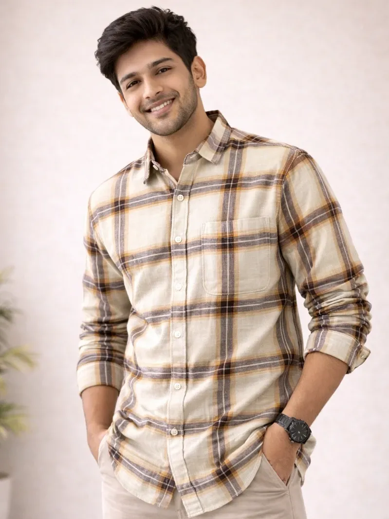Fancy Slub Checks Cotton Single Pocket Premium Party Wear Casual Shirt