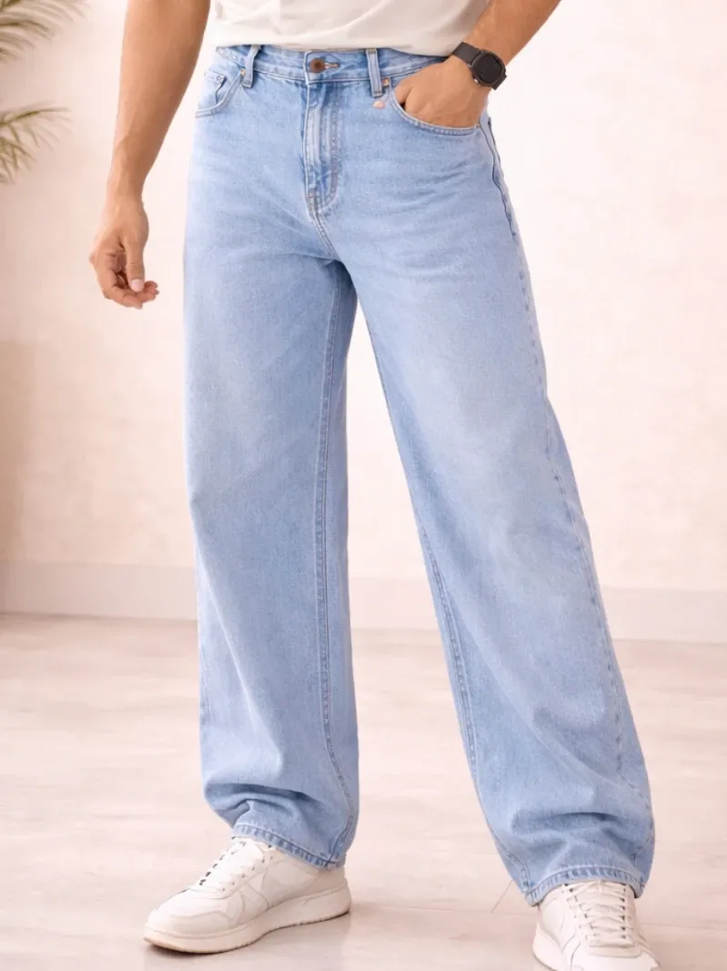 Men’s Light Blue Baggy Fit Denim Jeans – Loose Bottom Wide Leg Pants